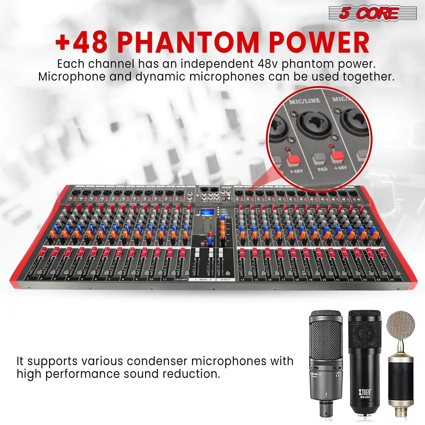 5Core Mezclador de Audio 24 Canales Tabla de Mezclas DJ Bluetooth USB Analógico Profesional