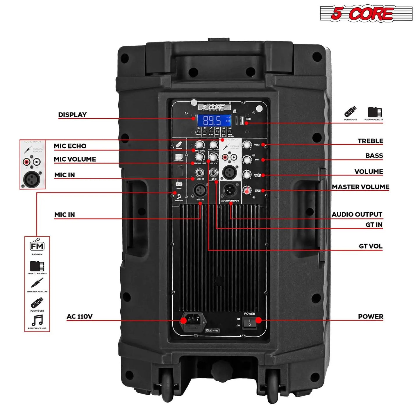 Altavoz Bluetooth para fiestas 5Core DJ Sistema de megafonía para karaoke de 12 pulgadas + 2 micrófonos inalámbricos