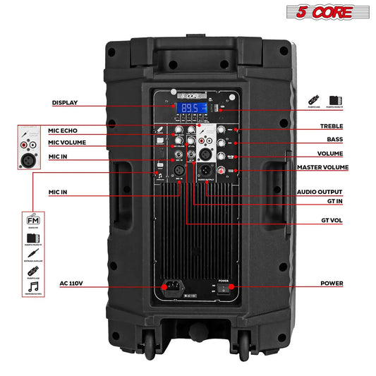 Altavoz Bluetooth para fiestas 5Core DJ Sistema de megafonía para karaoke de 12 pulgadas + 2 micrófonos inalámbricos