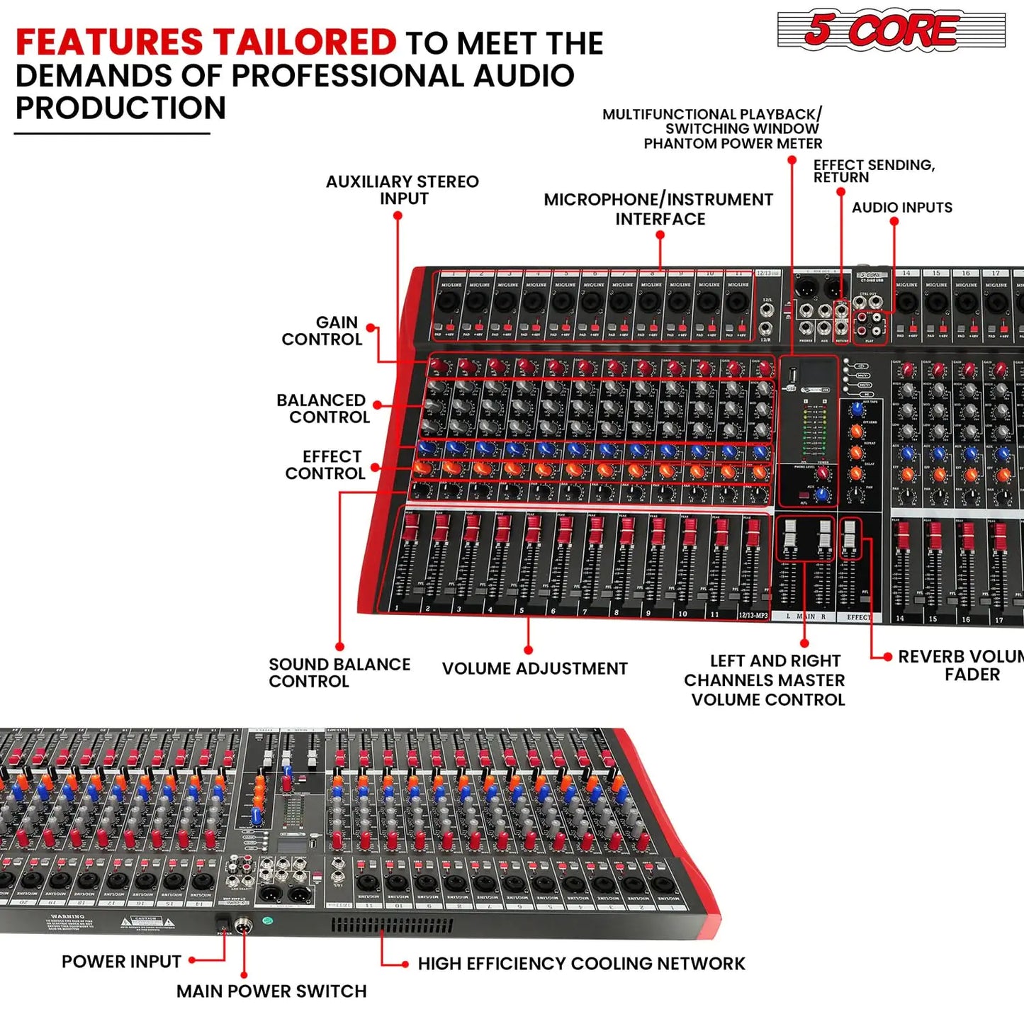 5Core Mezclador de Audio 24 Canales Tabla de Mezclas DJ Bluetooth USB Analógico Profesional