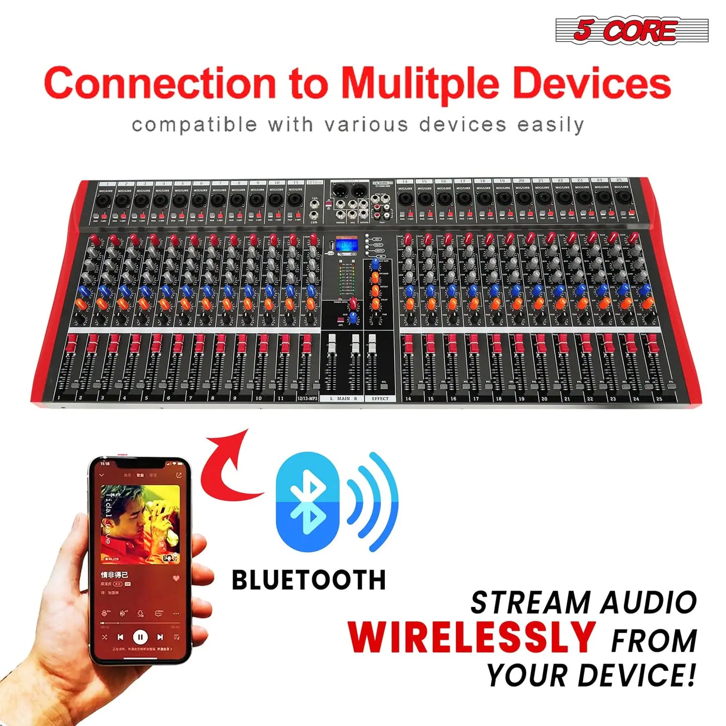 5Core Mezclador de Audio 24 Canales Tabla de Mezclas DJ Bluetooth USB Analógico Profesional
