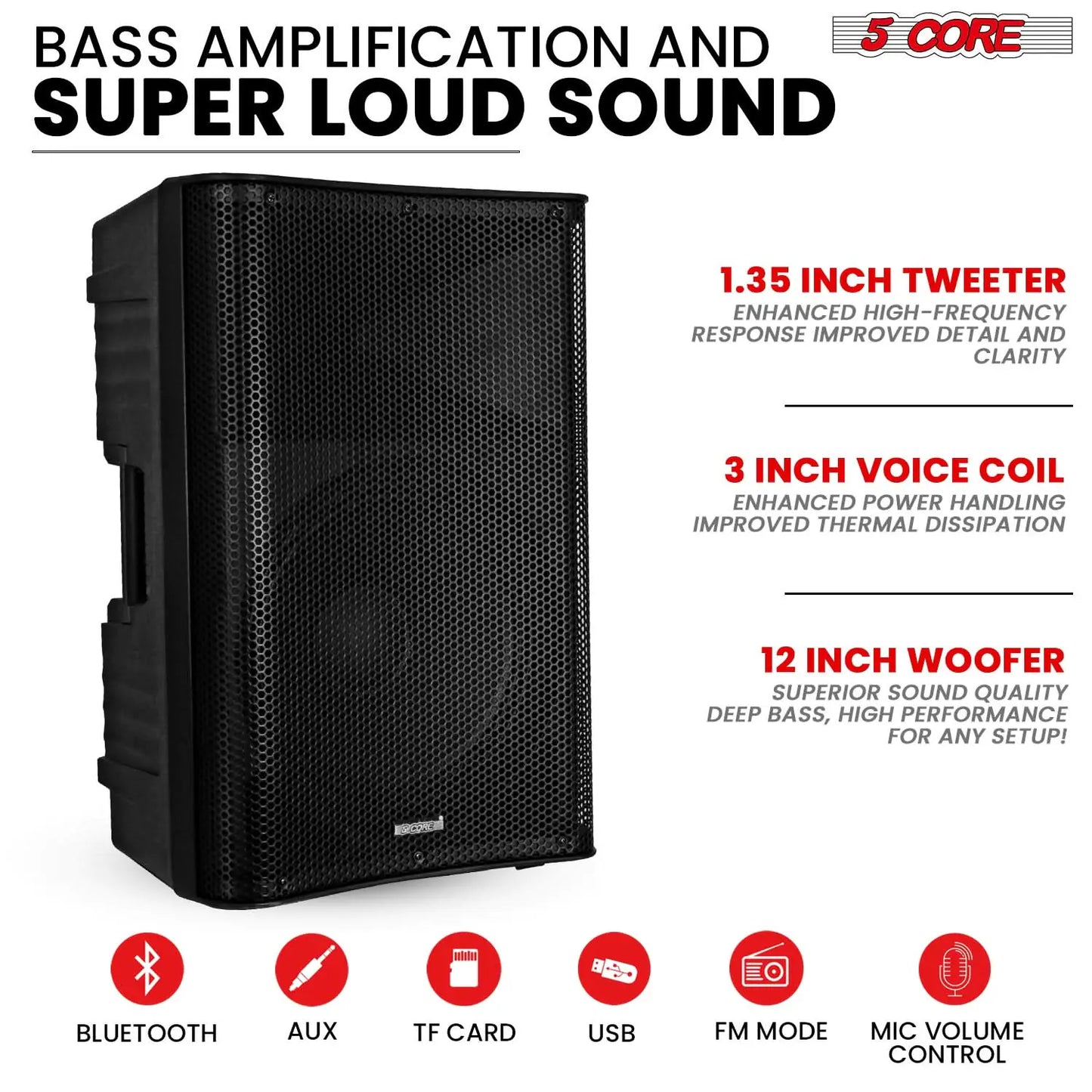 Altavoz Bluetooth para fiestas 5Core DJ Sistema de megafonía para karaoke de 12 pulgadas + 2 micrófonos inalámbricos