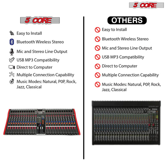 5Core Mezclador de Audio 24 Canales Tabla de Mezclas DJ Bluetooth USB Analógico Profesional