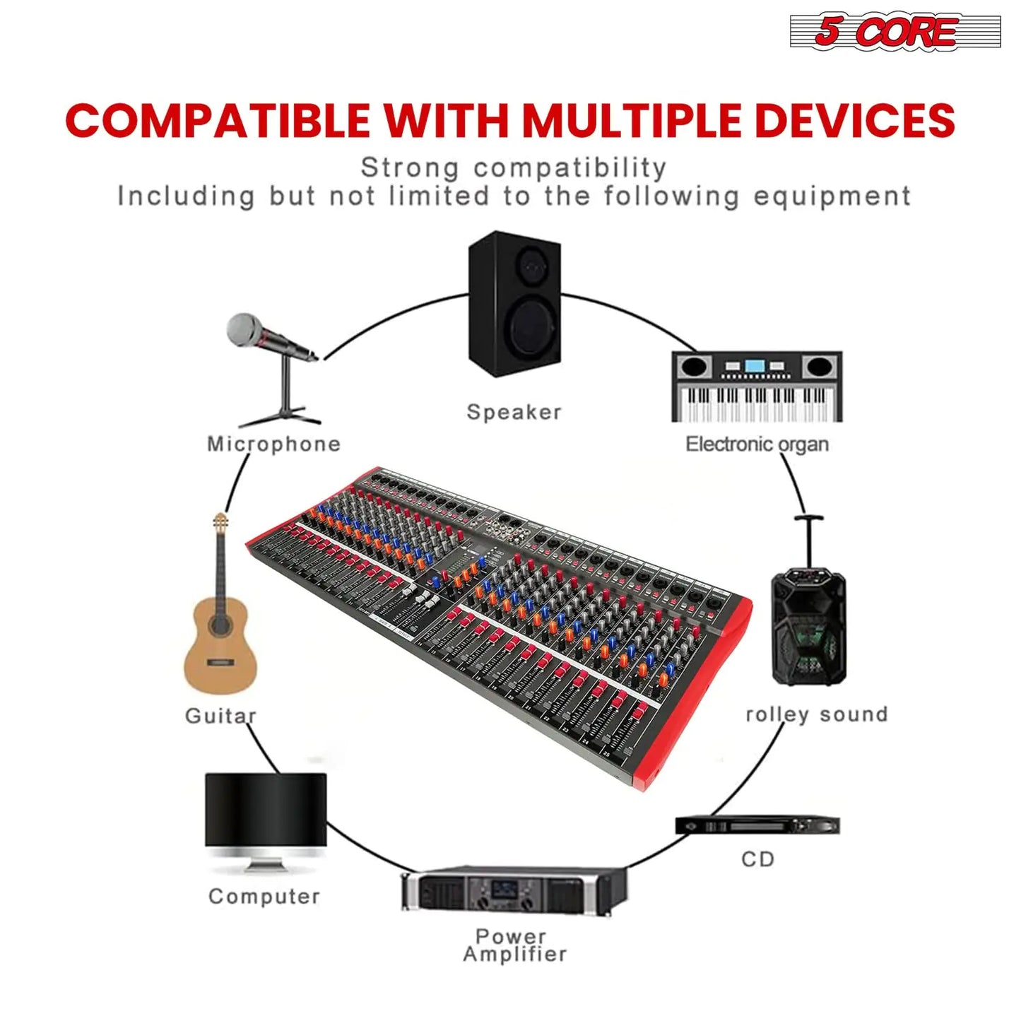 5Core Mezclador de Audio 24 Canales Tabla de Mezclas DJ Bluetooth USB Analógico Profesional