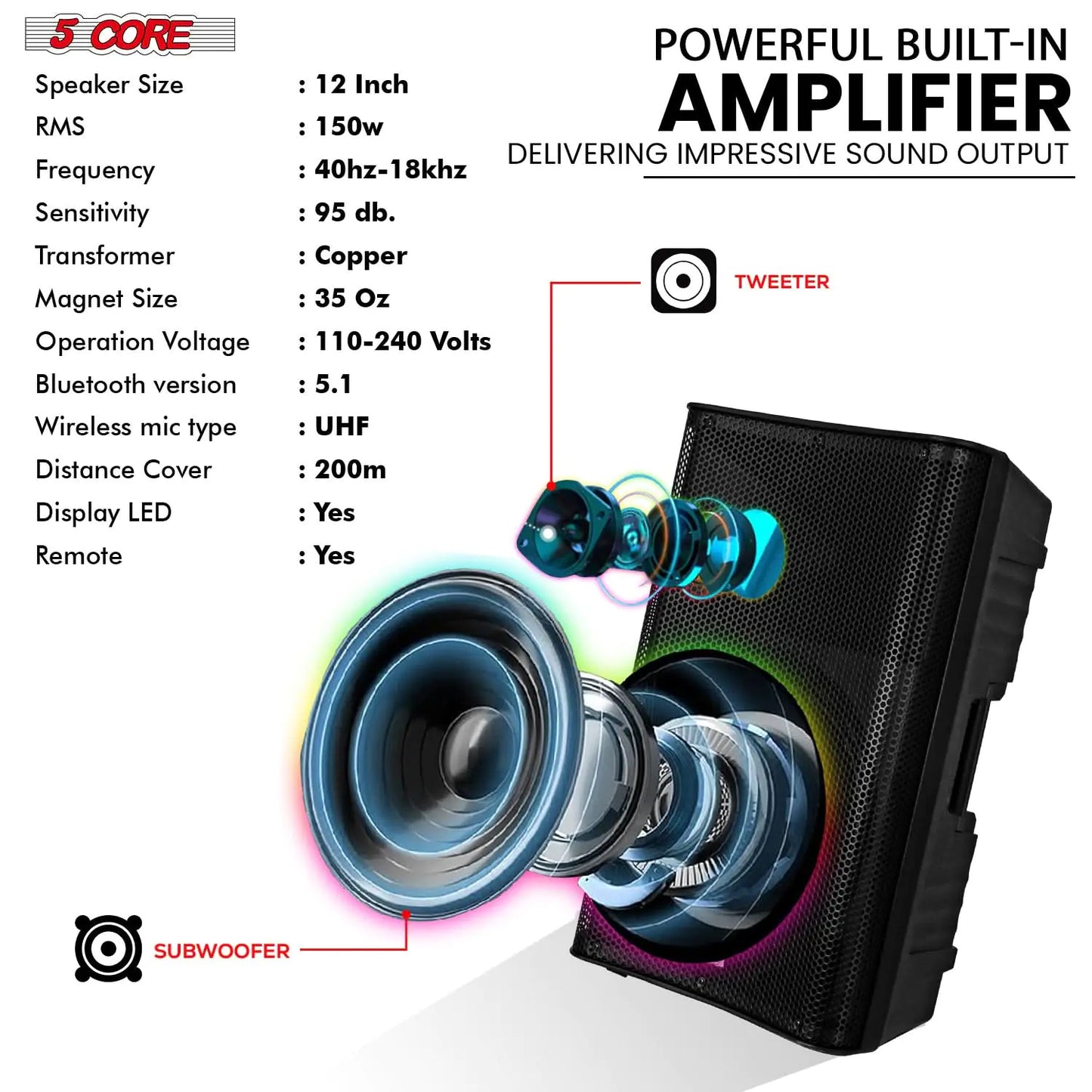 Altavoz Bluetooth para fiestas 5Core DJ Sistema de megafonía para karaoke de 12 pulgadas + 2 micrófonos inalámbricos