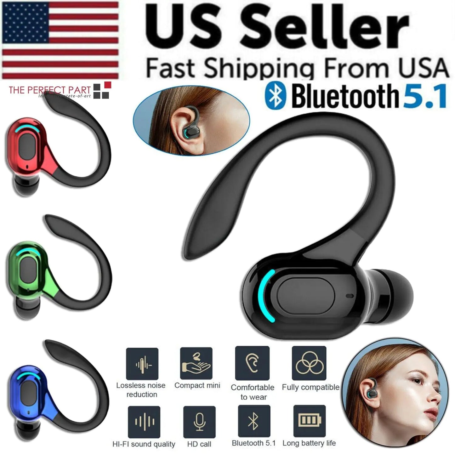 Auriculares Estéreo Inalámbricos con Bluetooth 5.1, Auriculares tipo Gancho para la Oreja