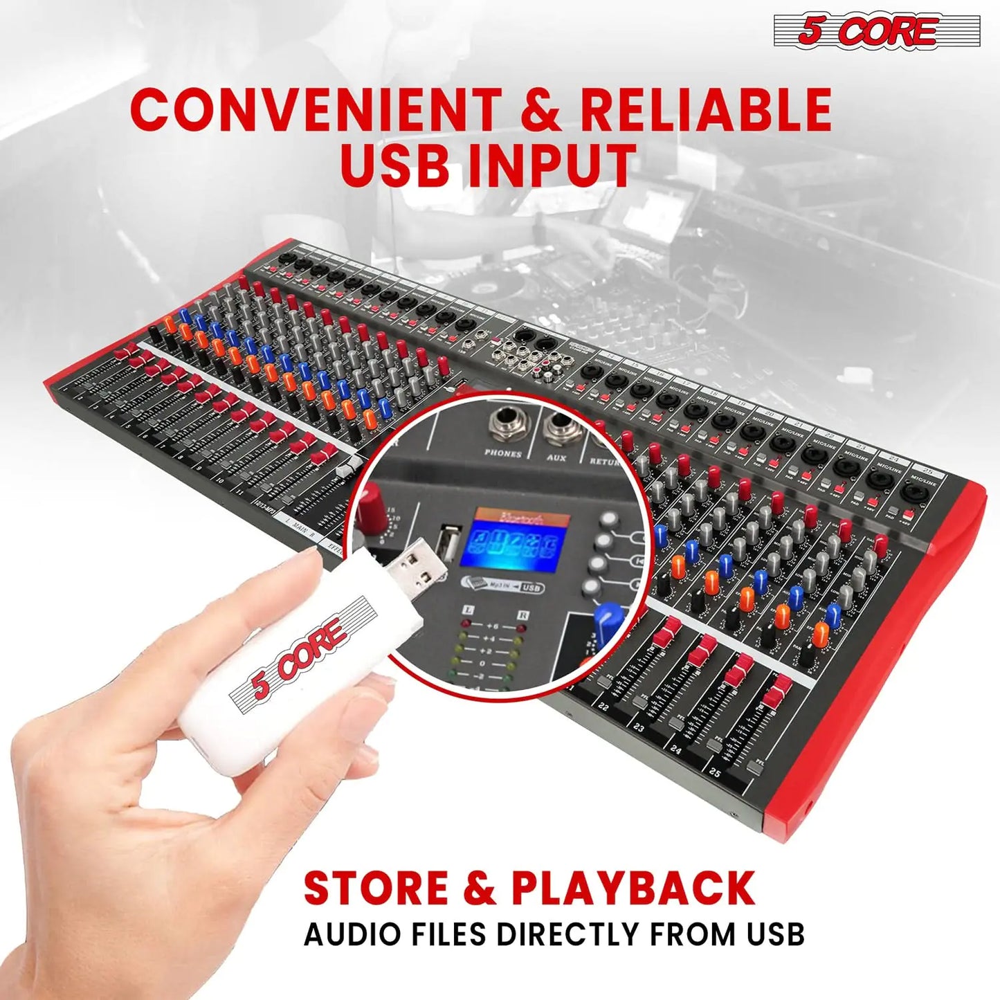5Core Mezclador de Audio 24 Canales Tabla de Mezclas DJ Bluetooth USB Analógico Profesional